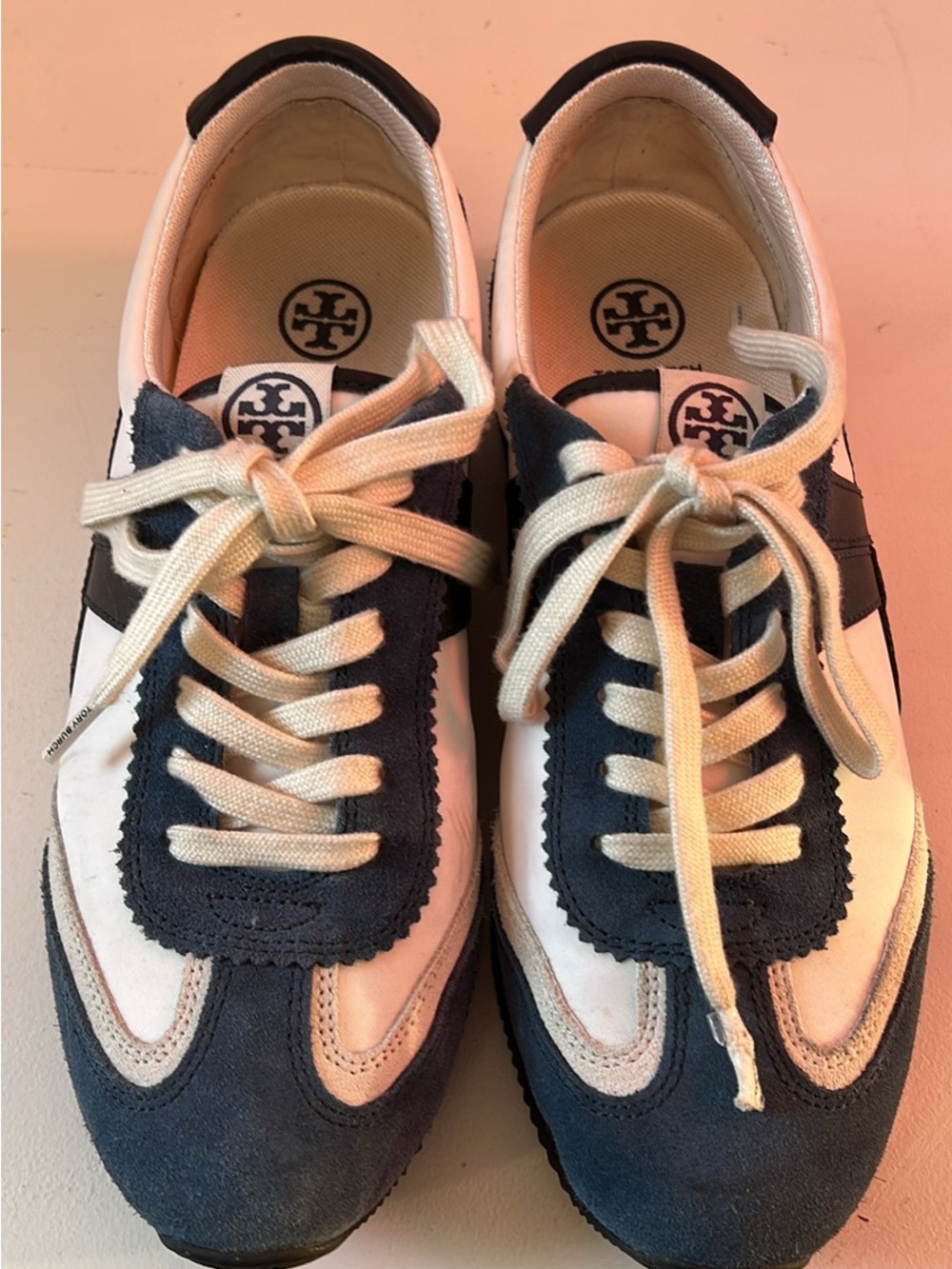 Tory Burch Navy and White Suede-Trim Lace-Up Sneakers